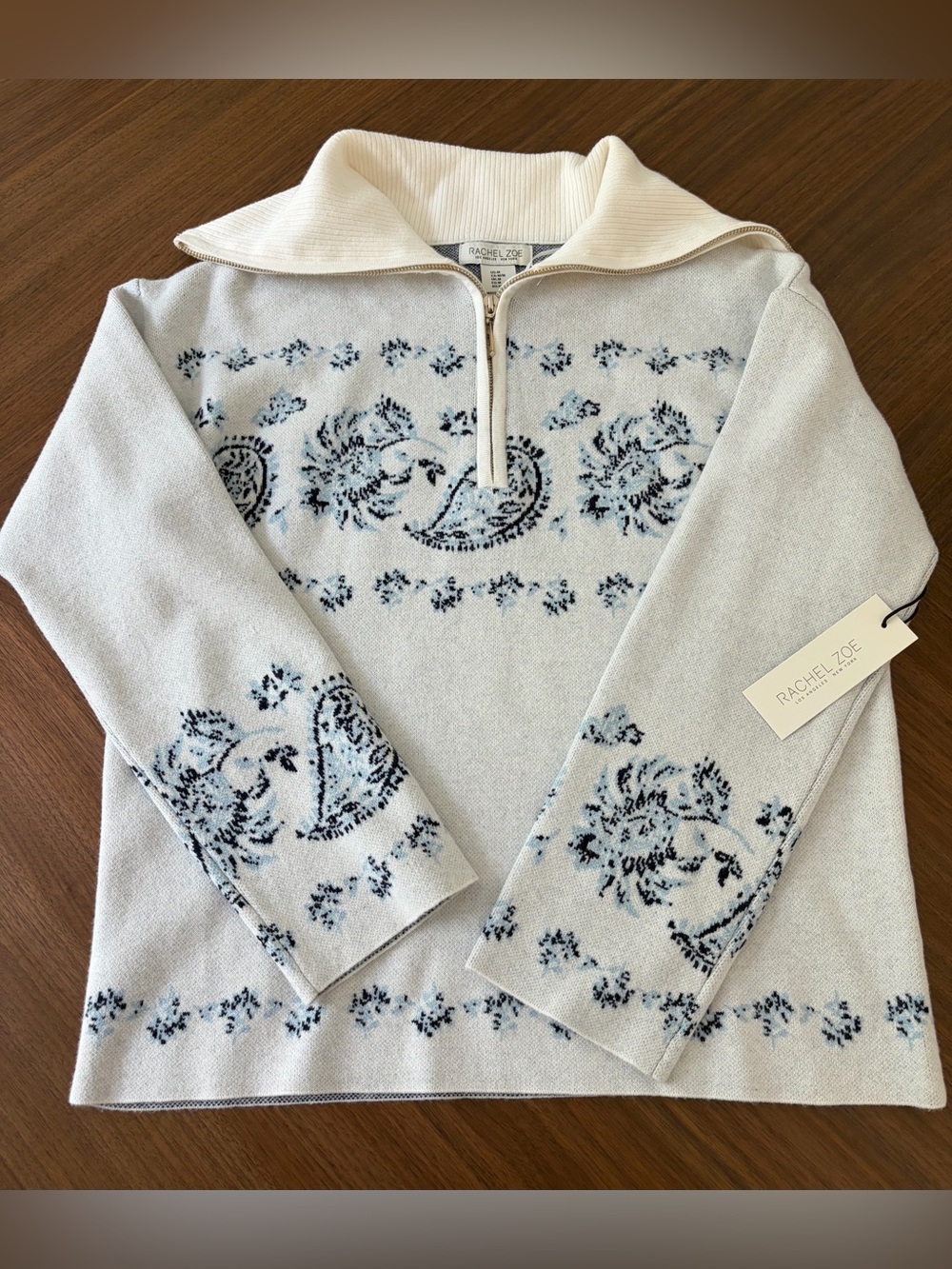 Rachel Zoe Paisley Quarter Zip Sweater Womens M Oversized Collar Bandana Print